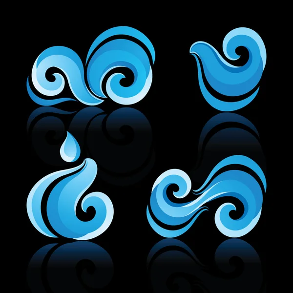 Iconos de olas y agua con reflexión sobre fondo negro — Vector de stock