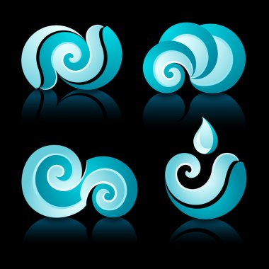 Wave and water icons with reflection on black background. 10EPS clipart