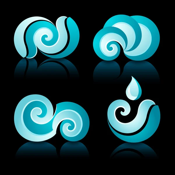 Iconos de olas y agua con reflexión sobre fondo negro. 10EPS — Vector de stock