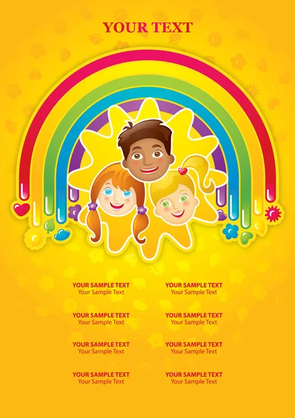 Три счастливых ребенка в радуге и солнце - шаблон — стоковый вектор