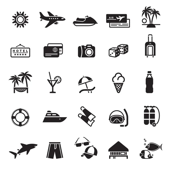 Signos. Vacaciones, Viajes y Recreación. Primer conjunto de iconos en negro — Vector de stock