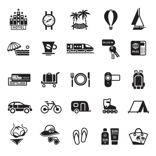 Signos. Vacaciones, Viajes y Recreación. Segundo conjunto de iconos en negro — Archivo Imágenes Vectoriales