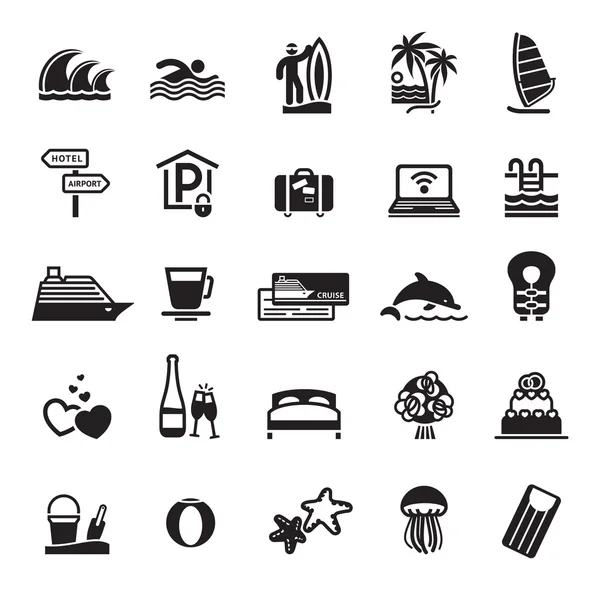 Znaki. wakacje, Podróże & rekreacja. trzeci zestaw ikon w kolorze czarnym — Wektor stockowy