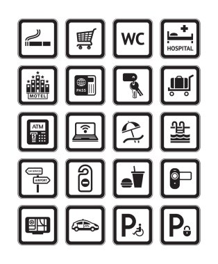 Signs set hotel services. Symbols. Black clipart