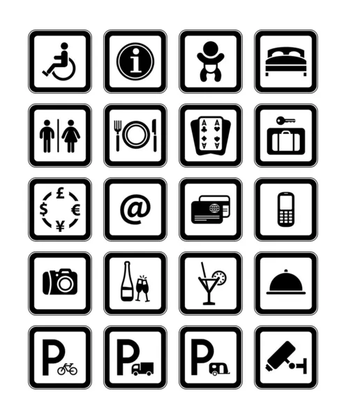 Símbolos de servicios de hotel. Los letreros establecen servicios de motel. Negro . — Archivo Imágenes Vectoriales