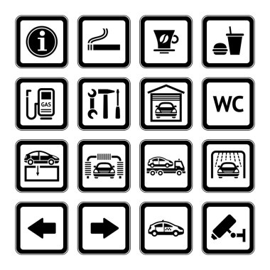 Set pictograms. Car services. Gas station. Symbols Roadside services. Black clipart