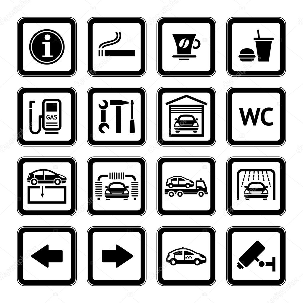 Set pictograms. Car services. Gas station. Symbols Roadside services. Black
