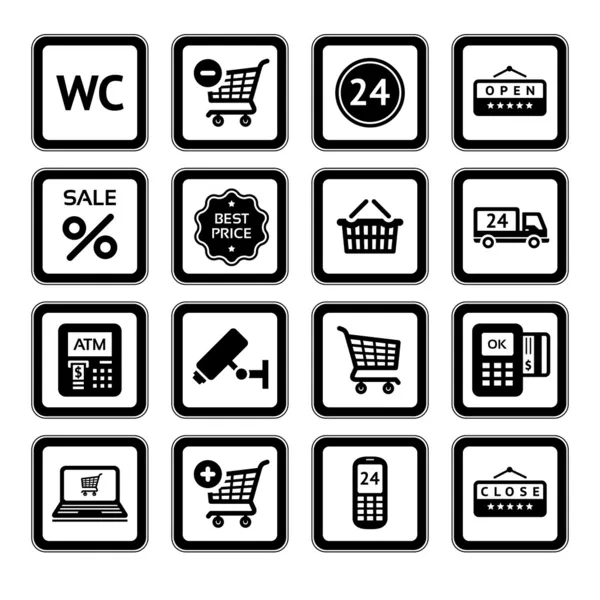 Establecer símbolos de servicios de supermercado, iconos de compras. Negro — Vector de stock