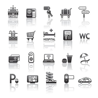 Icons set motel services. Pictograms hotel services. Gray reflection clipart