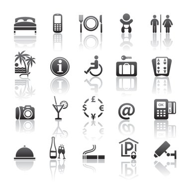 Pictograms hotel services. Icons set motel services. Gray reflection clipart