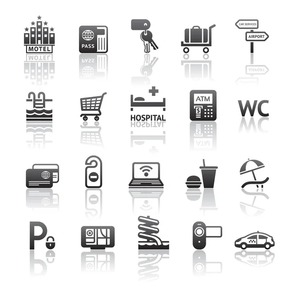 Icons set motel services. Pictograms hotel services. Gray reflection — Stock Vector