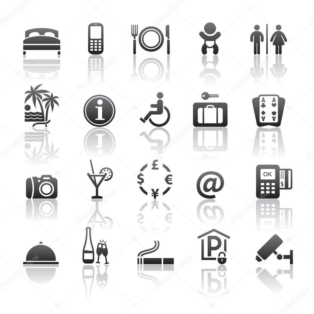 Pictograms hotel services. Icons set motel services. Gray reflection