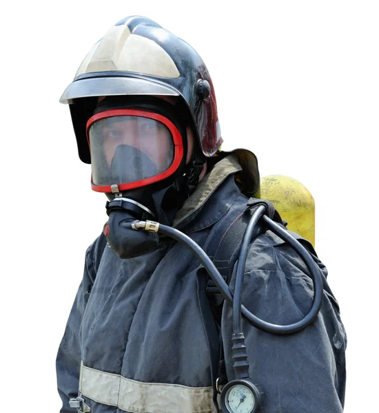 Retrato de um bombeiro no aparelho respiratório — Fotografia de Stock