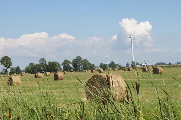 Windräder und Heuballen auf dem Feld — Stockfoto
