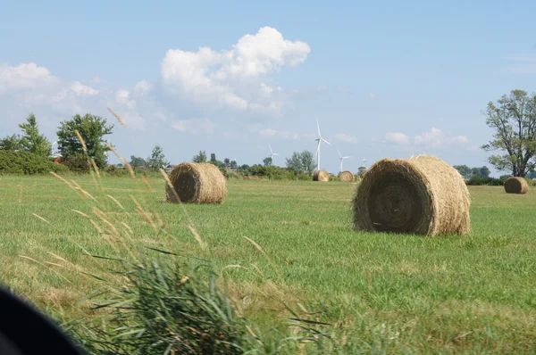 Windturbines en hooi balen in veld — Stockfoto