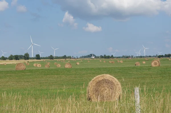 Balíky sena & větrné turbíny — Stock fotografie