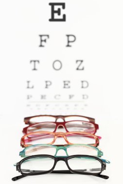 Eyeglasses on an eye chart clipart