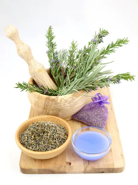 Lavender in wooden mortar — Stock Photo, Image