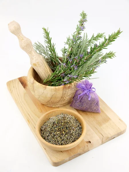 Lavender in wooden mortar — Stock Photo, Image