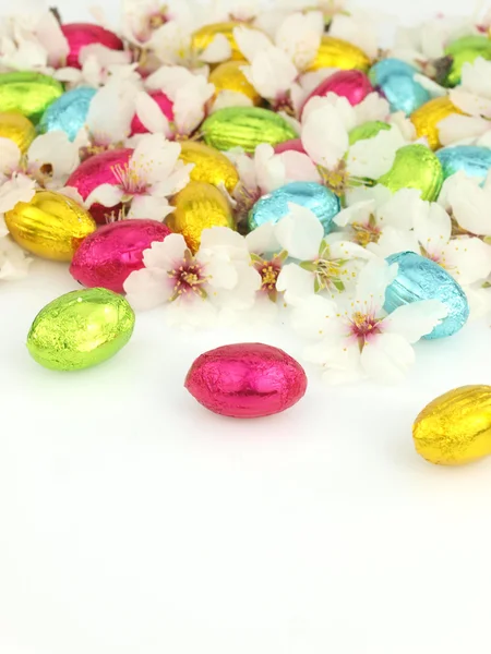 Œufs de Pâques en chocolat avec fleurs de printemps — Photo