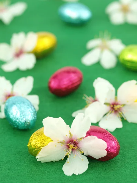 与春天的花朵的巧克力复活节彩蛋。 — 图库照片