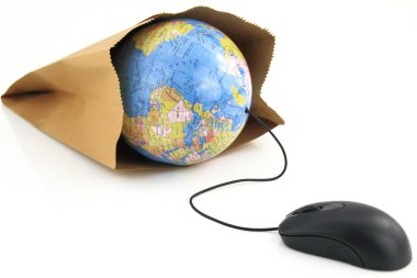 Computer mouse connected to a grocery bag with a world globe inside clipart