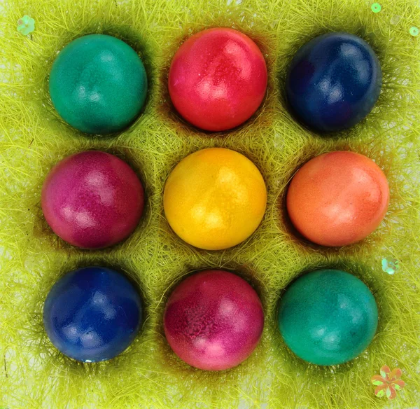 Uova di Pasqua colorate in un caso di uova di erba decorativa — Foto Stock