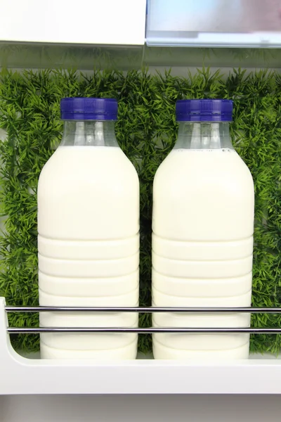Bottiglie di latte fresco in frigorifero con fondo erba — Foto Stock