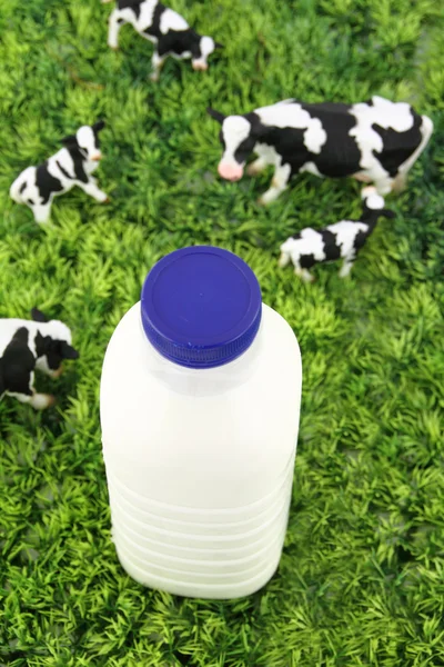Бутылка молока с фермой на заднем плане — стоковое фото