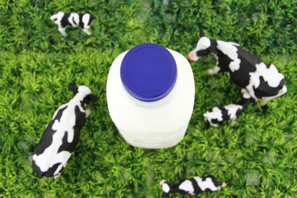 Garrafa de leite com uma fazenda no fundo — Fotografia de Stock