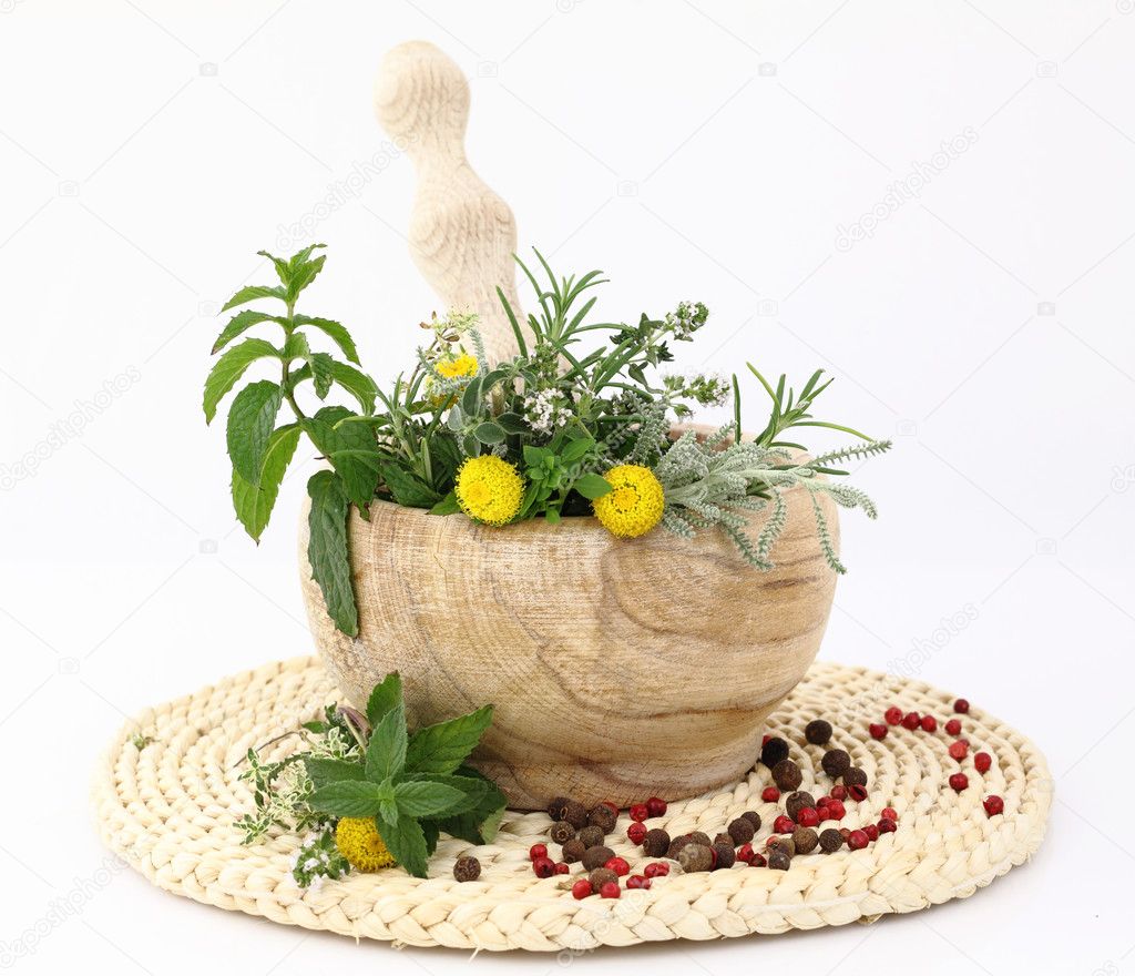 Mortar and pestle with herbs and spices — Stock Photo © viperagp #5972912