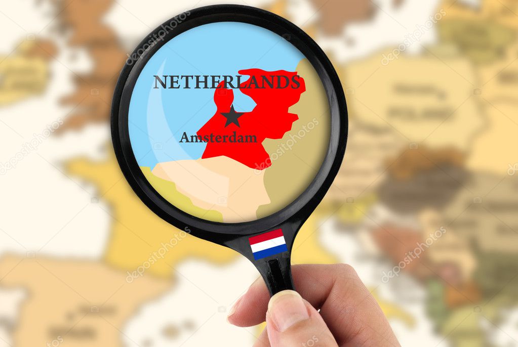 Magnifying glass over a map of Netherlands
