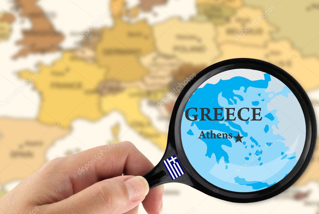 Magnifying glass over a map of Greece