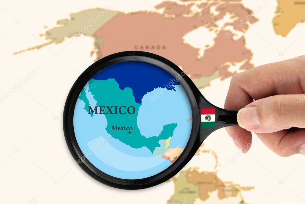 Magnifying glass over a map of Mexico