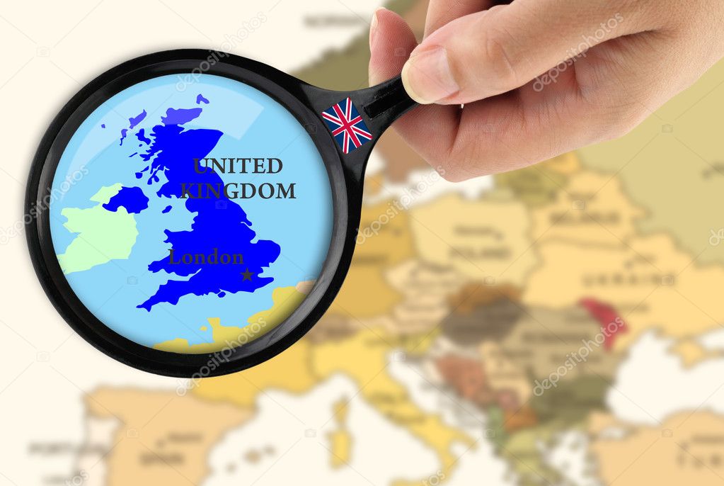 Magnifying glass over a map of United Kingdom