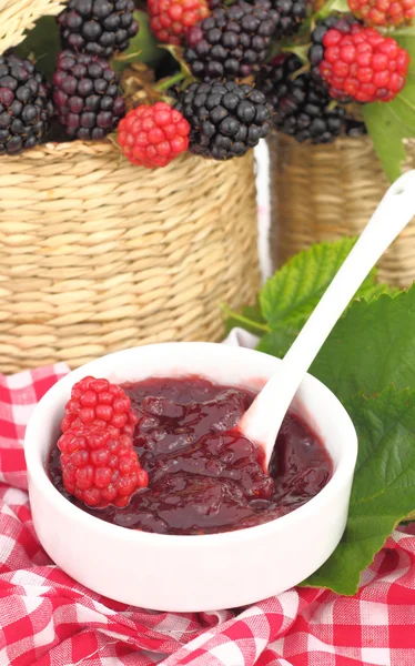Jam with fresh raspberries and blackberries — Stock Photo, Image