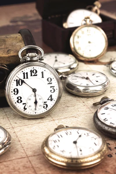Antique retro silver pocket clocks — Stock Photo, Image