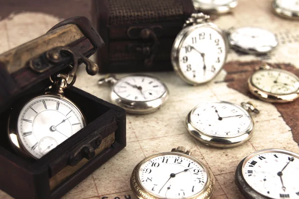 Antique retro silver pocket clocks — Stock Photo, Image