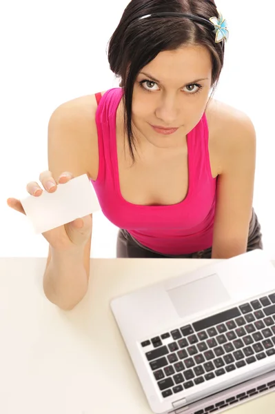 Young woman with blank card — Stock Photo, Image