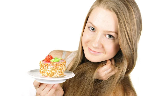 Jong meisje met een taart — Stockfoto