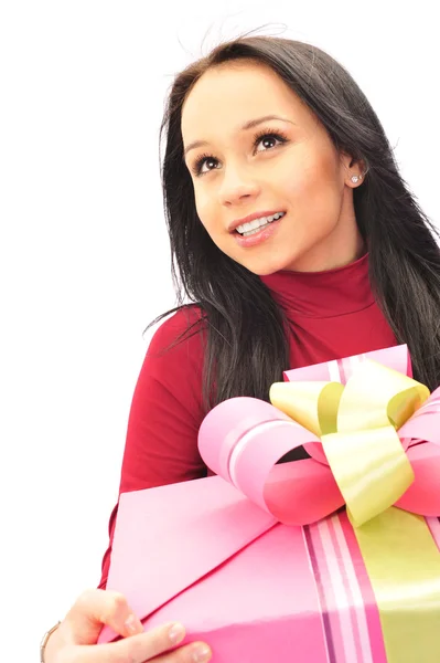 Woman with a gift in her hands — Stock Photo, Image