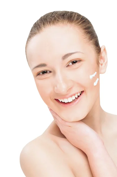 Portrait of a smiling beautiful young woman with two lines of cr — Stock Photo, Image