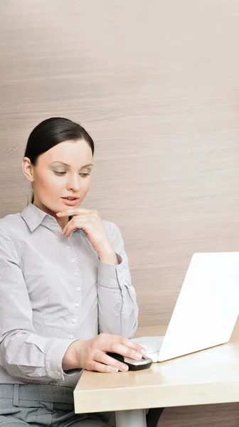Portrait of a beautiful young businesswoman on the computer, han — Stock Photo, Image