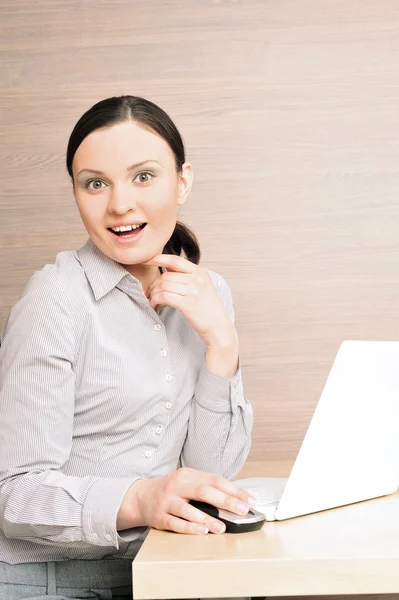 Portrait of a beautiful young businesswoman on the computer, sho — Stock Photo, Image