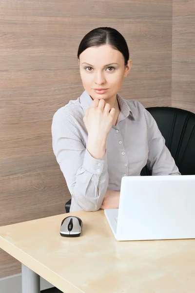 Portrait of a beautiful young businesswoman on the computer, lis — Stock Photo, Image