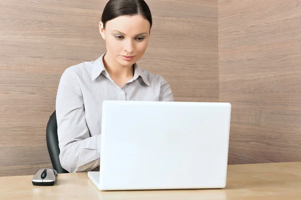 Portrait of a beautiful young businesswoman on the computer, wor — Stock Photo, Image