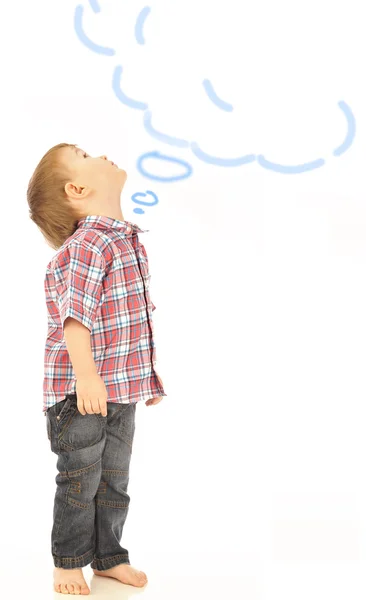 Närbild porträtt av pojke som drömmer om något. — Stockfoto