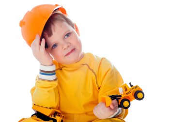 Little boy with helmet and tools. isolated on white clipart