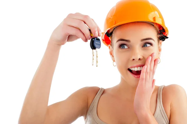 Foto de mulher feliz engenheiro de construção vestindo protetora ou — Fotografia de Stock
