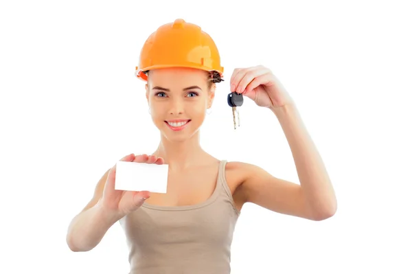 Foto de mujer feliz ingeniero de construcción con protección o — Foto de Stock